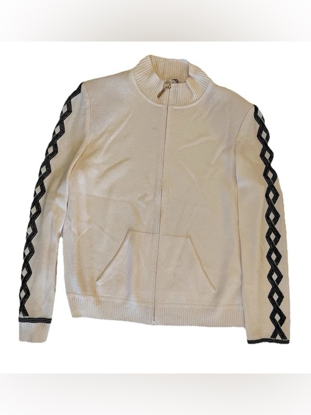 St. John Cream Zip-Up Cardigan with Black Sleeve Trim